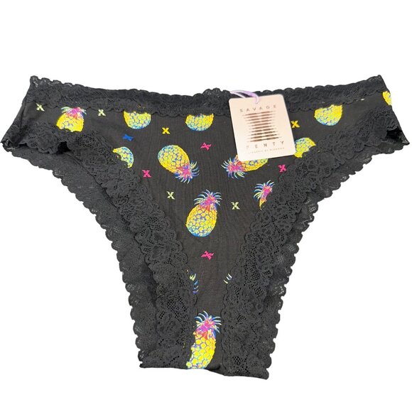 Savage X Fenty Women's Size 1X Panty Bikini Lace Trim Pinapple Print Black New - Picture 1 of 11